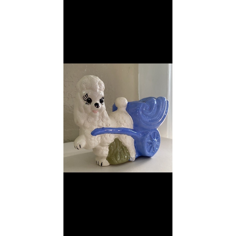 Vintage Ceramic Poodle Kitsch Dog Planter w/ Shell Cart -